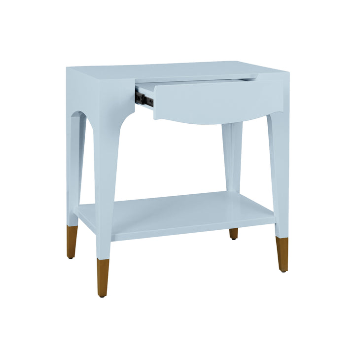 Tapered Leg One Drawer Side Table With Antique Brass Foot Caps In Light Blue Lacquer - RONNY LB