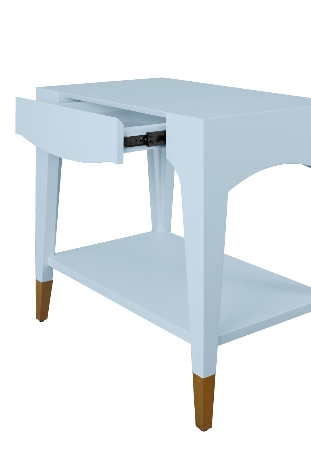 Tapered Leg One Drawer Side Table With Antique Brass Foot Caps In Light Blue Lacquer - RONNY LB