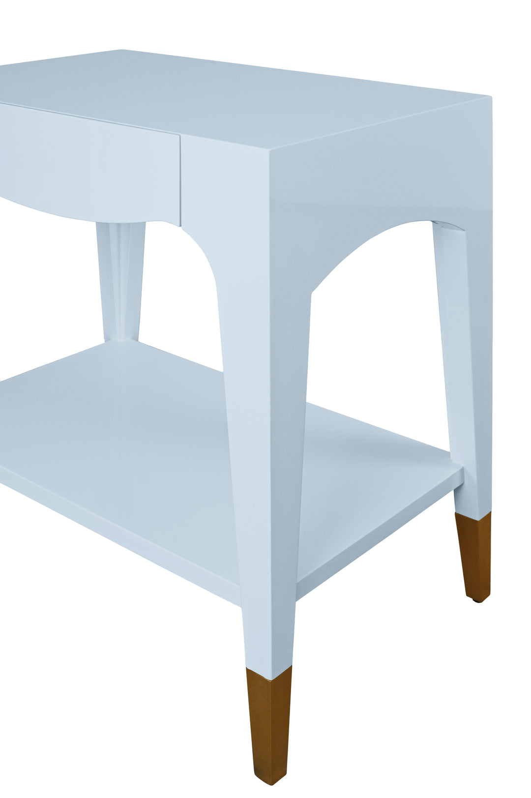 Tapered Leg One Drawer Side Table With Antique Brass Foot Caps In Light Blue Lacquer - RONNY LB