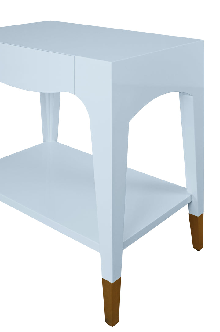 Tapered Leg One Drawer Side Table With Antique Brass Foot Caps In Light Blue Lacquer - RONNY LB