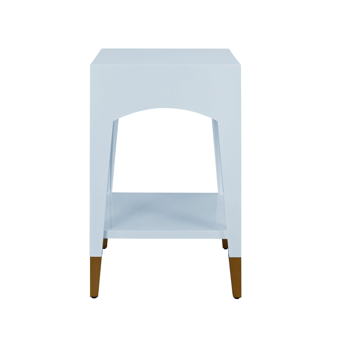 Tapered Leg One Drawer Side Table With Antique Brass Foot Caps In Light Blue Lacquer - RONNY LB