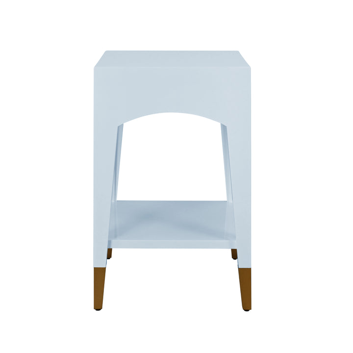 Tapered Leg One Drawer Side Table With Antique Brass Foot Caps In Light Blue Lacquer - RONNY LB