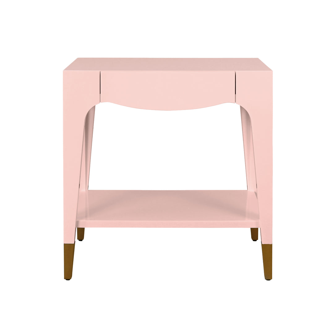 Tapered Leg One Drawer Side Table With Antique Brass Foot Caps In Pink Lacquer - RONNY PI