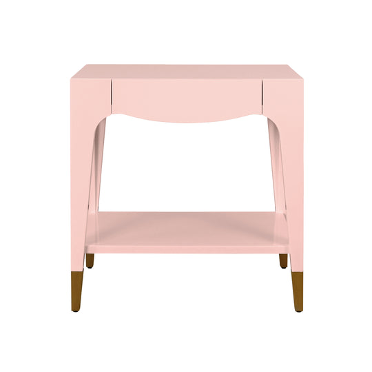 Tapered Leg One Drawer Side Table With Antique Brass Foot Caps In Pink Lacquer - RONNY PI