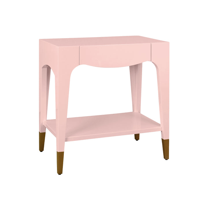 Tapered Leg One Drawer Side Table With Antique Brass Foot Caps In Pink Lacquer - RONNY PI