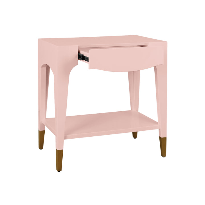 Tapered Leg One Drawer Side Table With Antique Brass Foot Caps In Pink Lacquer - RONNY PI
