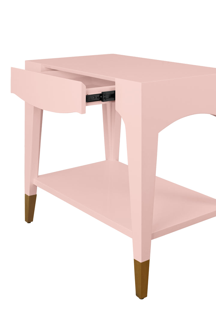 Tapered Leg One Drawer Side Table With Antique Brass Foot Caps In Pink Lacquer - RONNY PI