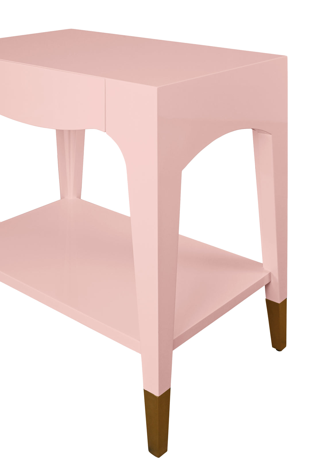 Tapered Leg One Drawer Side Table With Antique Brass Foot Caps In Pink Lacquer - RONNY PI