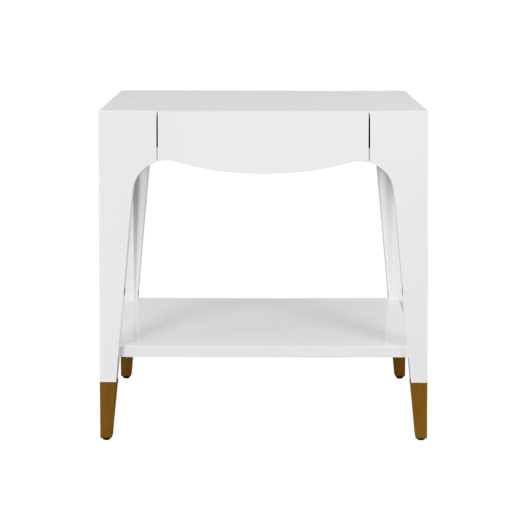 Tapered Leg One Drawer Side Table With Antique Brass Foot Caps In White Lacquer - RONNY WH
