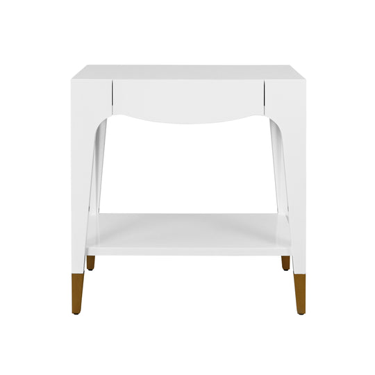 Tapered Leg One Drawer Side Table With Antique Brass Foot Caps In White Lacquer - RONNY WH