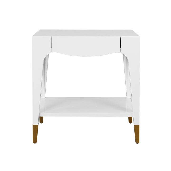 Tapered Leg One Drawer Side Table With Antique Brass Foot Caps In White Lacquer - RONNY WH