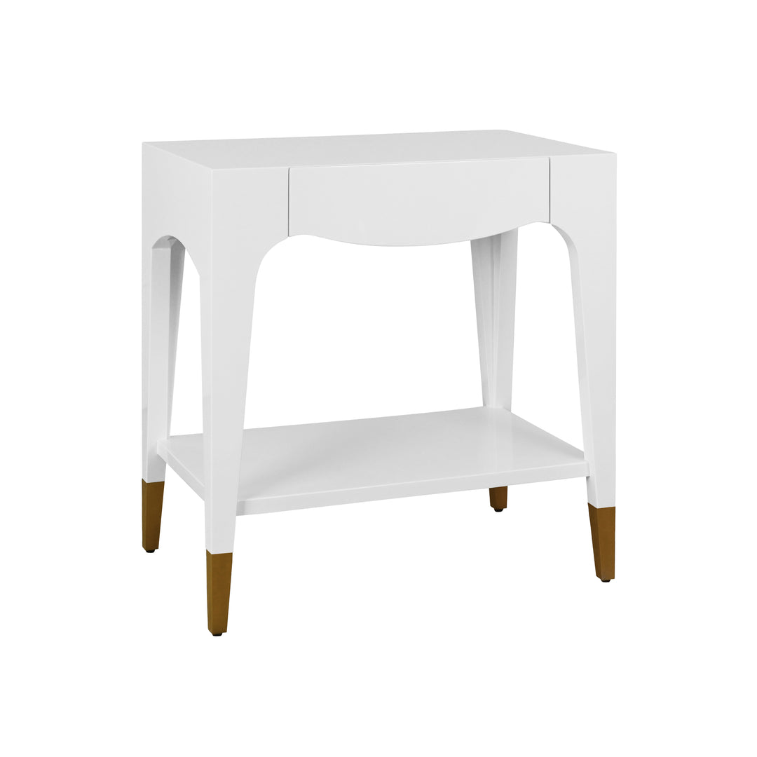 Tapered Leg One Drawer Side Table With Antique Brass Foot Caps In White Lacquer - RONNY WH