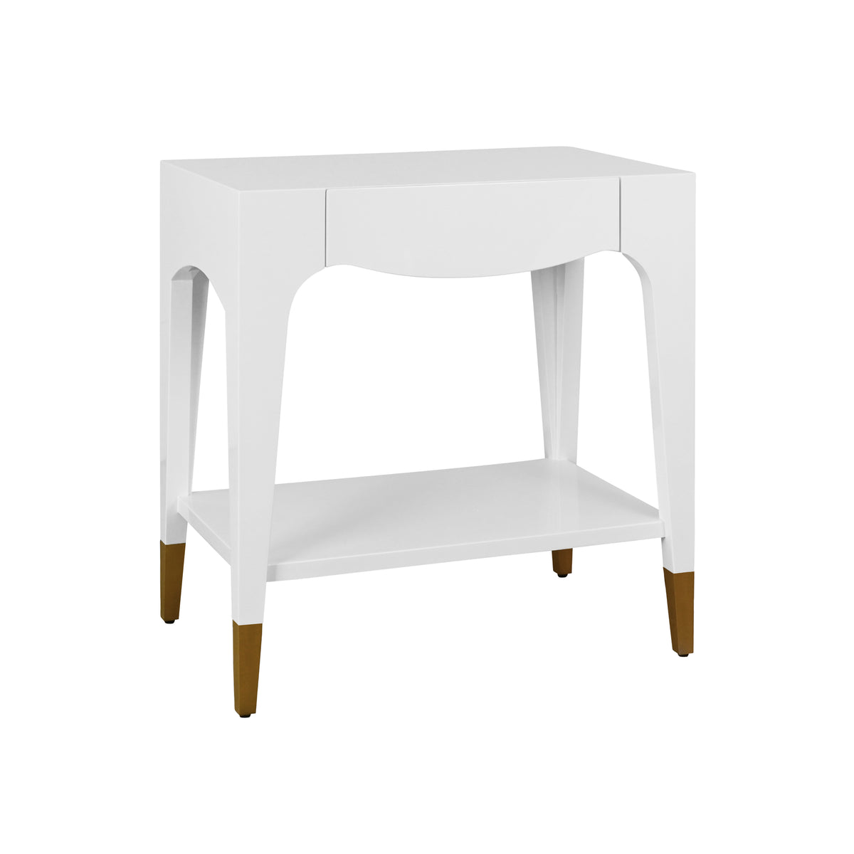 Tapered Leg One Drawer Side Table With Antique Brass Foot Caps In White Lacquer - RONNY WH