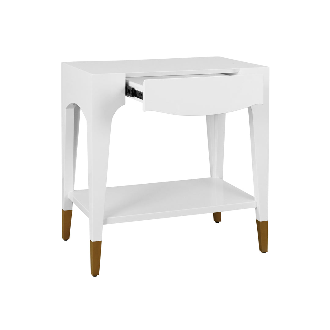 Tapered Leg One Drawer Side Table With Antique Brass Foot Caps In White Lacquer - RONNY WH