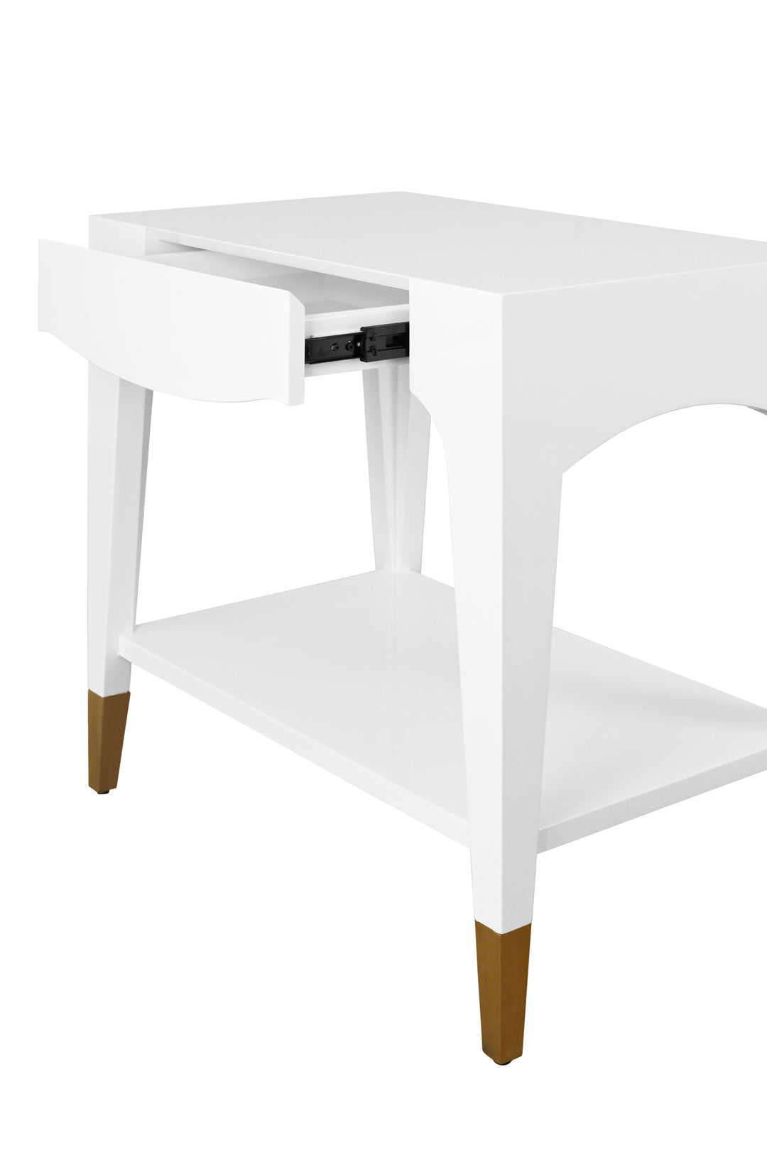 Tapered Leg One Drawer Side Table With Antique Brass Foot Caps In White Lacquer - RONNY WH