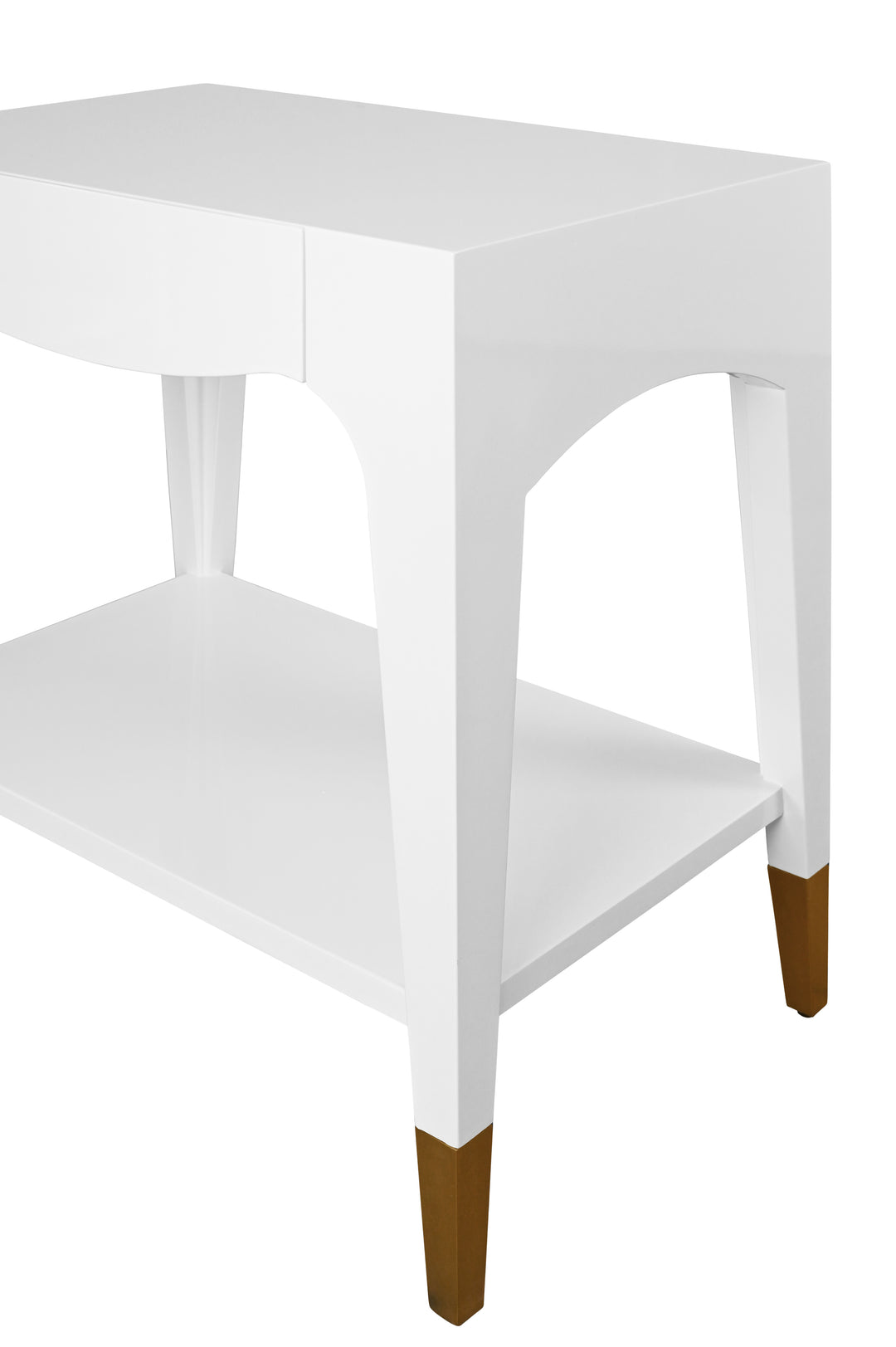 Tapered Leg One Drawer Side Table With Antique Brass Foot Caps In White Lacquer - RONNY WH