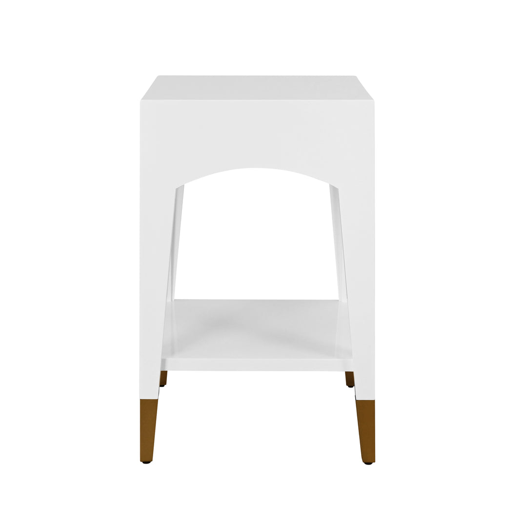 Tapered Leg One Drawer Side Table With Antique Brass Foot Caps In White Lacquer - RONNY WH