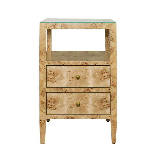 Two Drawer Side Table In Burl Wood With Polished Brass Knobs - ROSCOE BW