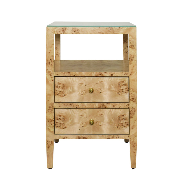 Two Drawer Side Table In Burl Wood With Polished Brass Knobs - ROSCOE BW