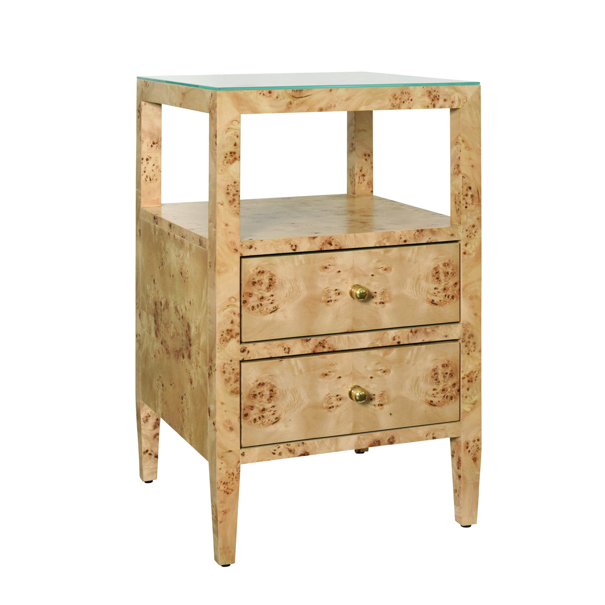 Two Drawer Side Table In Burl Wood With Polished Brass Knobs - ROSCOE BW