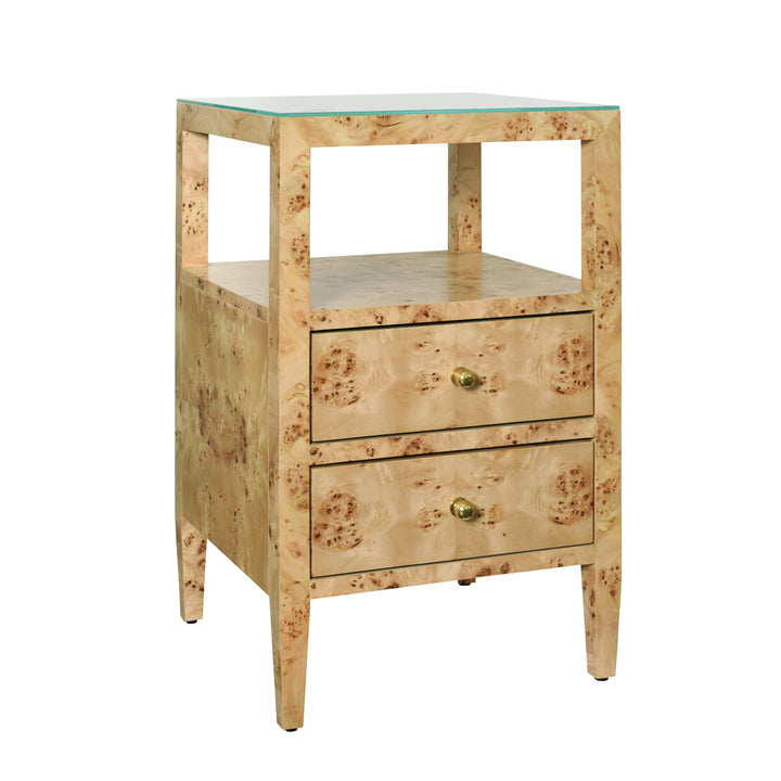 Two Drawer Side Table In Burl Wood With Polished Brass Knobs - ROSCOE BW