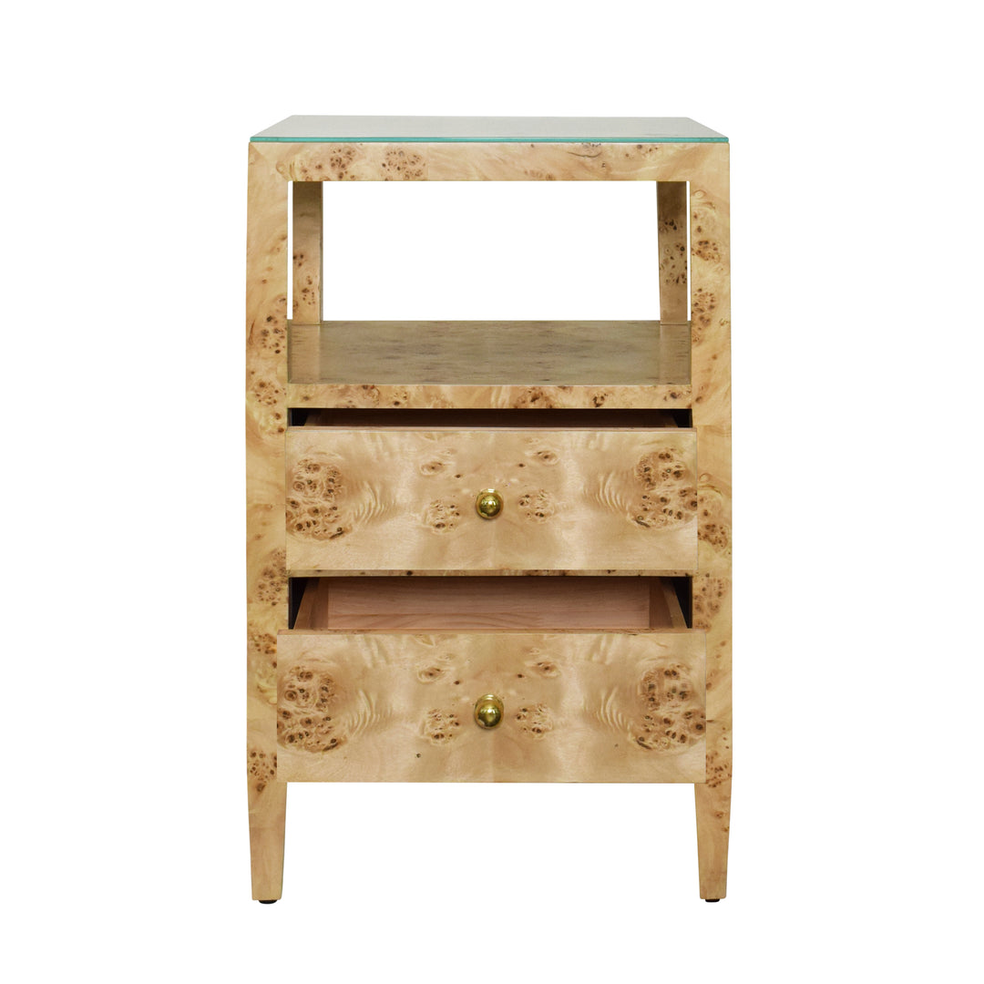 Two Drawer Side Table In Burl Wood With Polished Brass Knobs - ROSCOE BW