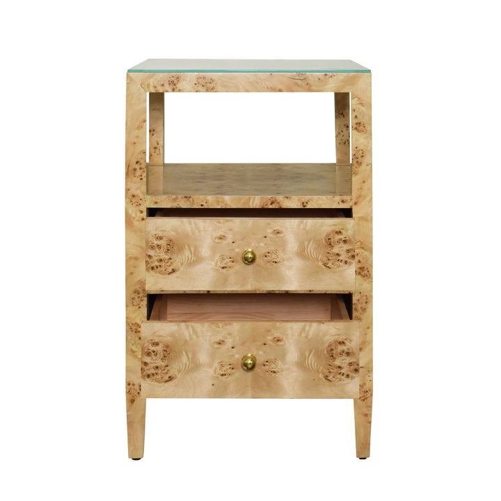 Two Drawer Side Table In Burl Wood With Polished Brass Knobs - ROSCOE BW