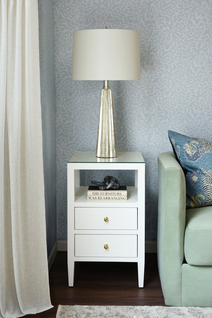 Two Drawer Side Table In Coated White Linen - ROSCOE WH