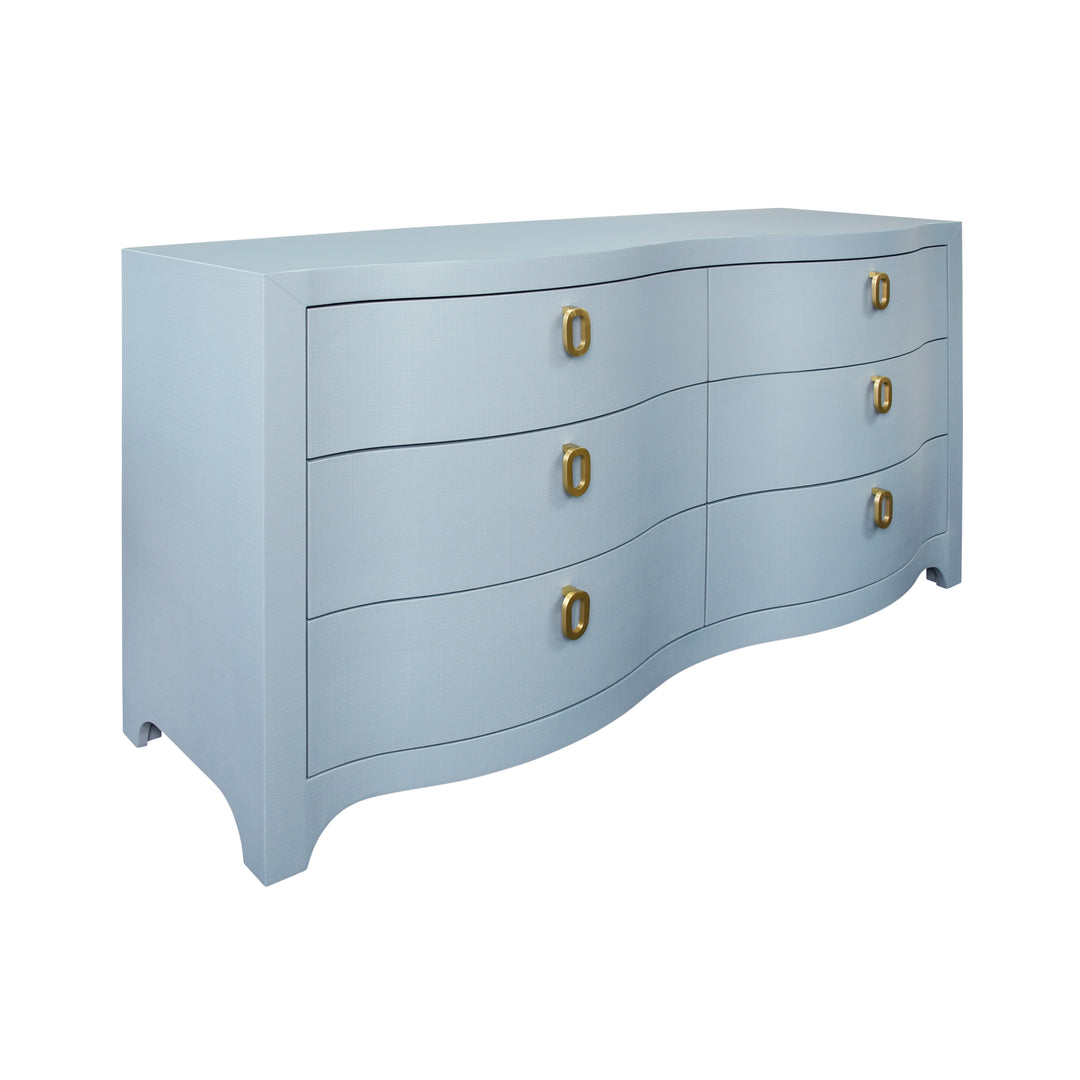 Curved Front Six Drawer Chest In Textured Light Blue Linen - ROSIE LB