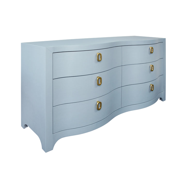 Curved Front Six Drawer Chest In Textured Light Blue Linen - ROSIE LB