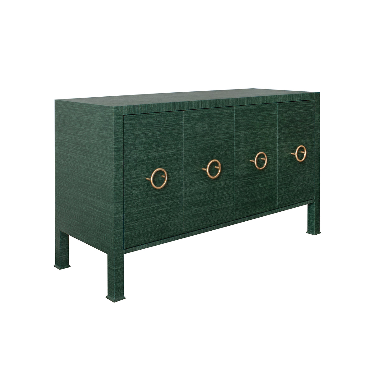 Four Door Buffet With Antique Brass Circle Hardware In Dyed Green Grasscloth - RUE GR