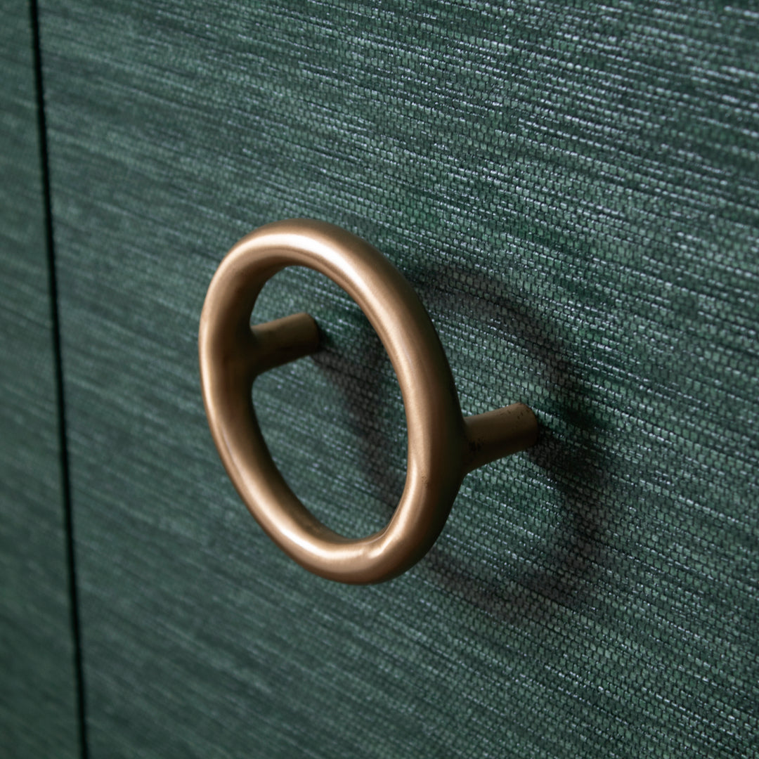 Four Door Buffet With Antique Brass Circle Hardware In Dyed Green Grasscloth - RUE GR