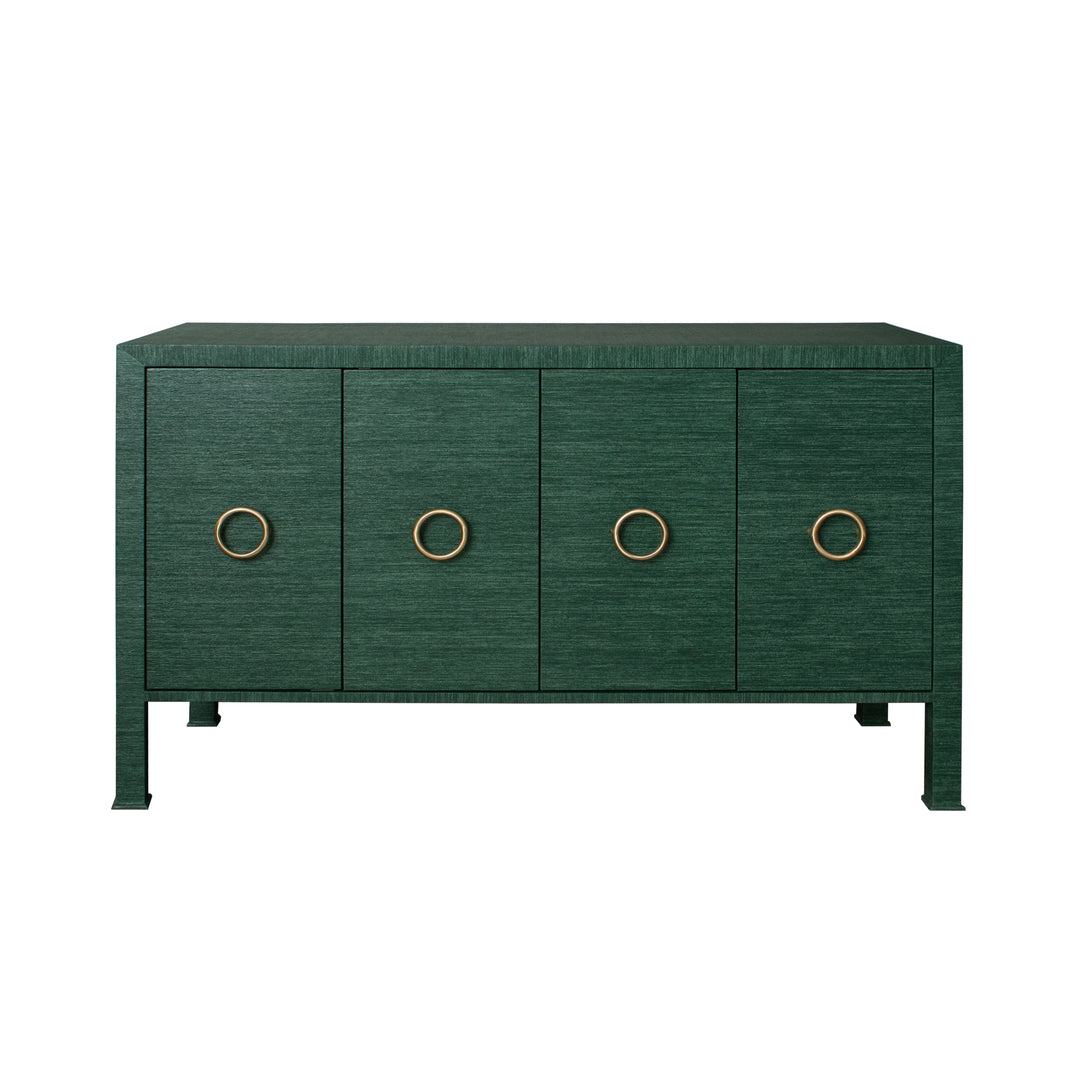 Four Door Buffet With Antique Brass Circle Hardware In Dyed Green Grasscloth - RUE GR