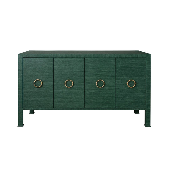 Four Door Buffet With Antique Brass Circle Hardware In Dyed Green Grasscloth - RUE GR