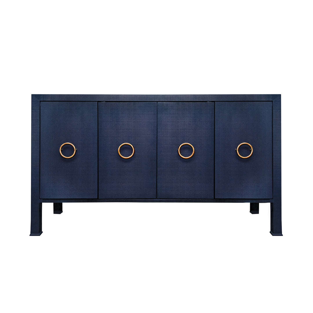 Four Door Buffet With Antique Brass Circle Hardware In Textured Navy Linen - RUE NVY