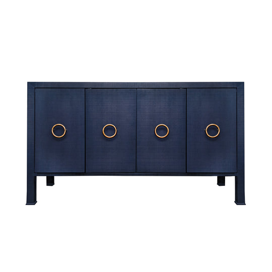 Four Door Buffet With Antique Brass Circle Hardware In Textured Navy Linen - RUE NVY