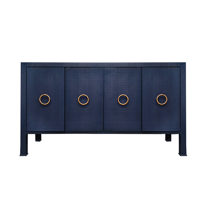 Four Door Buffet With Antique Brass Circle Hardware In Textured Navy Linen - RUE NVY
