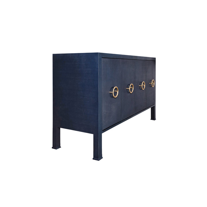 Four Door Buffet With Antique Brass Circle Hardware In Textured Navy Linen - RUE NVY