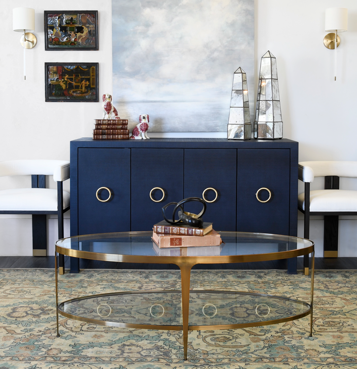 Four Door Buffet With Antique Brass Circle Hardware In Textured Navy Linen - RUE NVY
