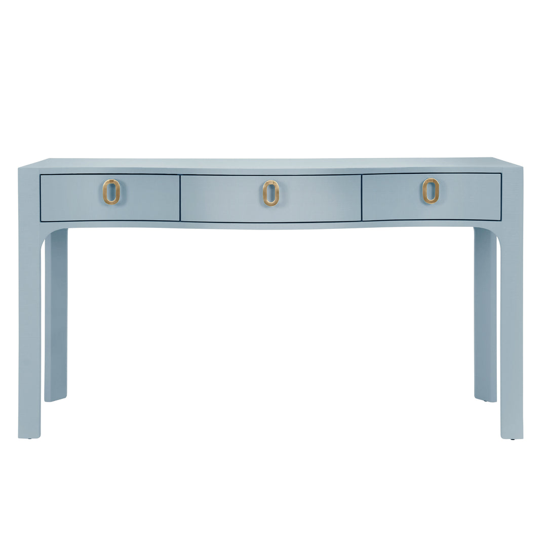 Curved Front Console With Three Drawers In Textured Light Blue Linen With Satin Brass Ring Hardware. - SABRINA LB