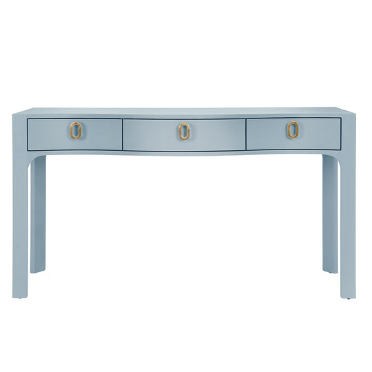 Curved Front Console With Three Drawers In Textured Light Blue Linen With Satin Brass Ring Hardware. - SABRINA LB