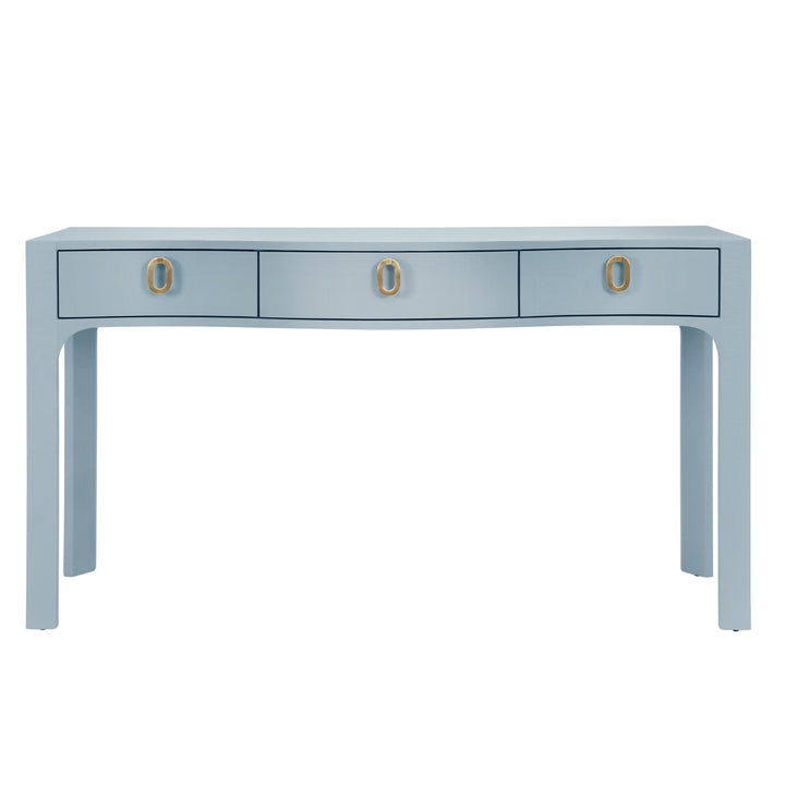 Curved Front Console With Three Drawers In Textured Light Blue Linen With Satin Brass Ring Hardware. - SABRINA LB