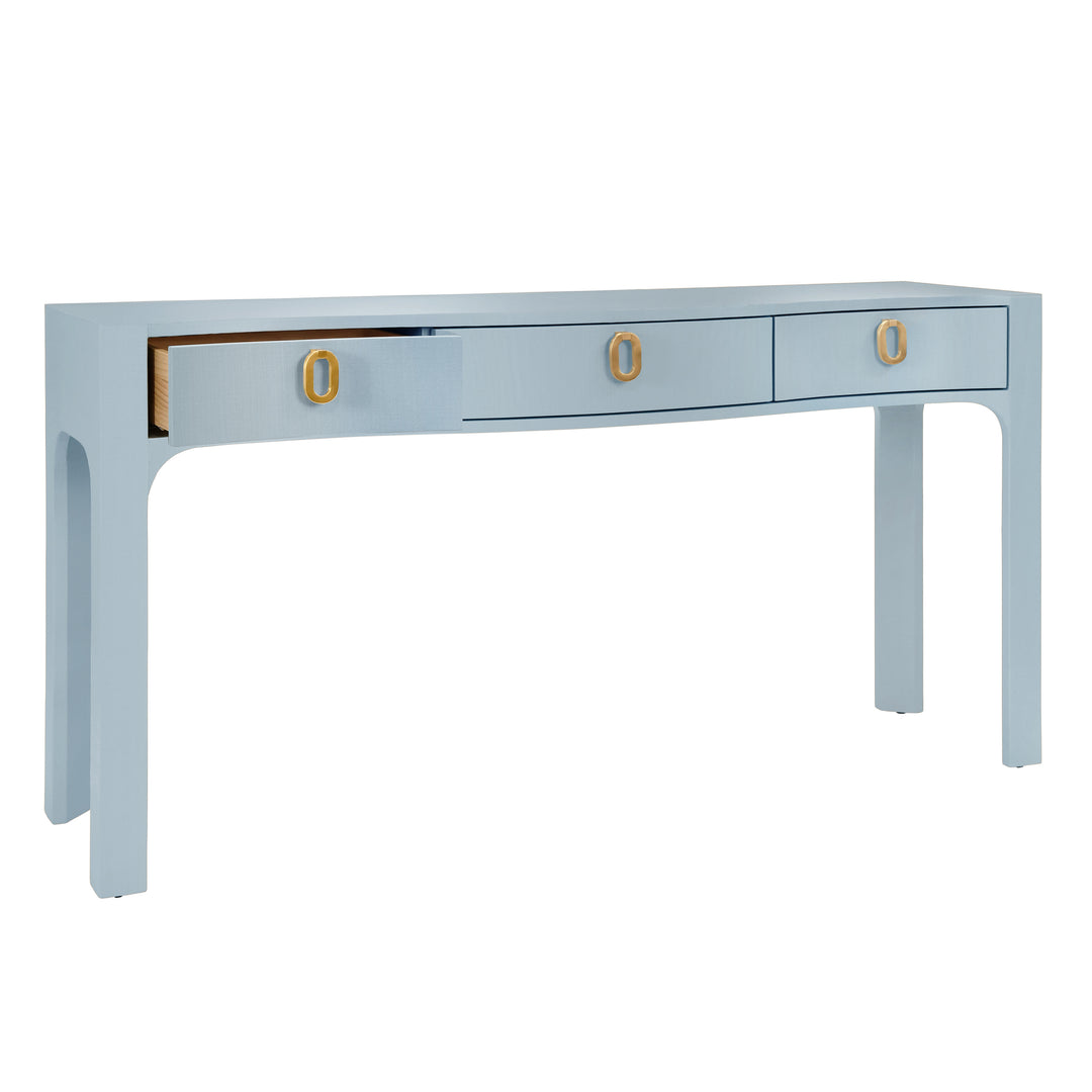 Curved Front Console With Three Drawers In Textured Light Blue Linen With Satin Brass Ring Hardware. - SABRINA LB