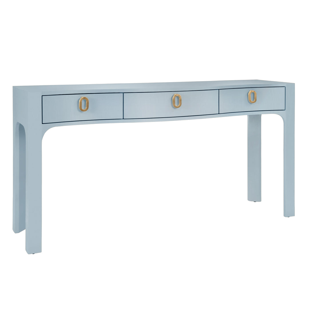 Curved Front Console With Three Drawers In Textured Light Blue Linen With Satin Brass Ring Hardware. - SABRINA LB