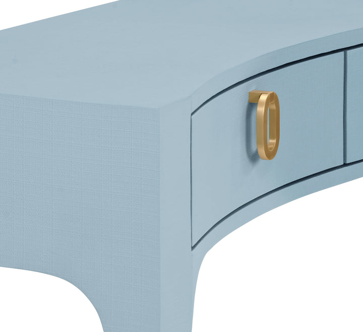 Curved Front Console With Three Drawers In Textured Light Blue Linen With Satin Brass Ring Hardware. - SABRINA LB