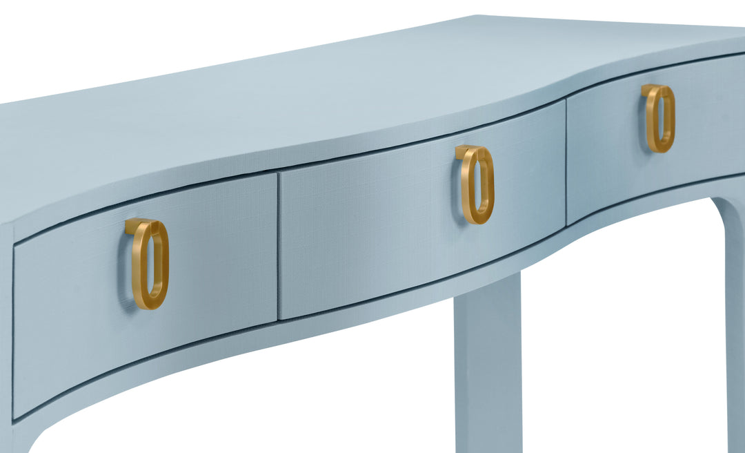 Curved Front Console With Three Drawers In Textured Light Blue Linen With Satin Brass Ring Hardware. - SABRINA LB