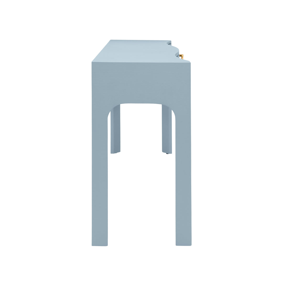 Curved Front Console With Three Drawers In Textured Light Blue Linen With Satin Brass Ring Hardware. - SABRINA LB