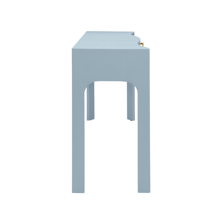 Curved Front Console With Three Drawers In Textured Light Blue Linen With Satin Brass Ring Hardware. - SABRINA LB