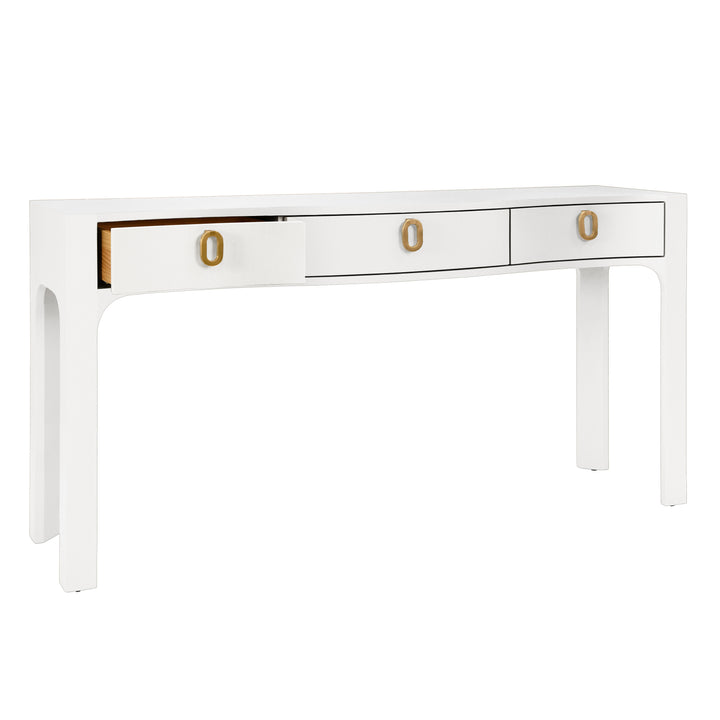 Curved Front Console With Three Drawers In Textured White Linen With Satin Brass Ring Hardware - SABRINA WH