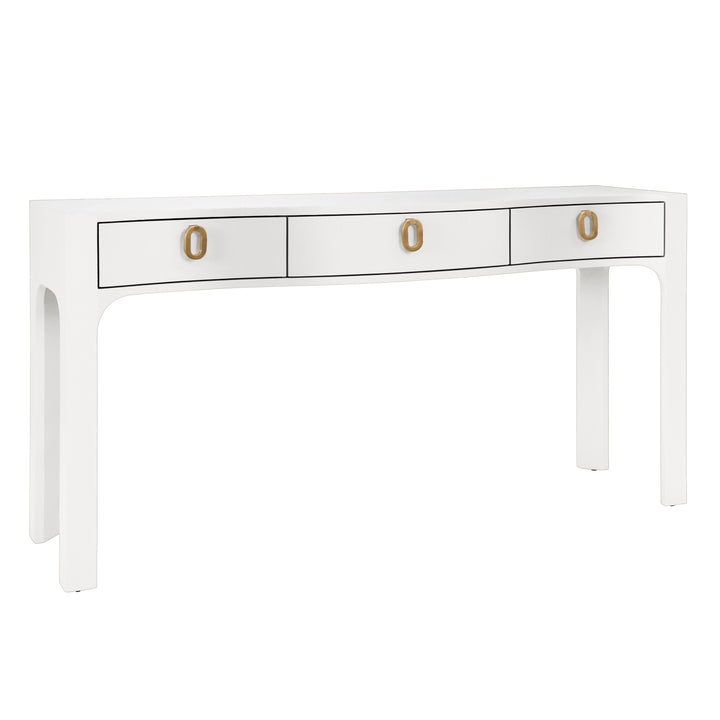 Curved Front Console With Three Drawers In Textured White Linen With Satin Brass Ring Hardware - SABRINA WH